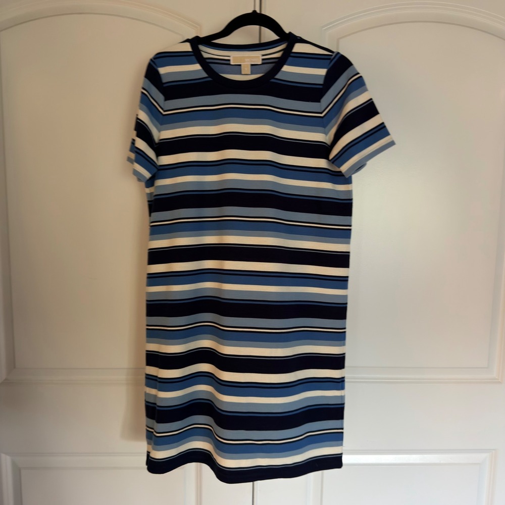 Michael Kors Women Blue White Striped Short Sleeve Ribbed Knit Shift Dress M